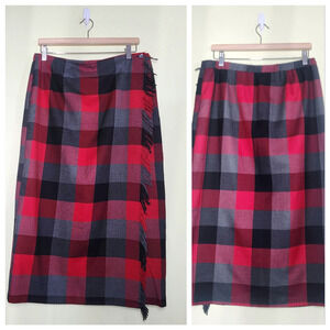 Requirements Plaid Fringe Wrap Midi Skirt Size 14 Red Black Check Autumn Preppy